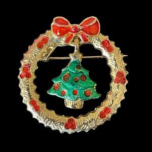 Vintage Signed Enamel Christmas Wreath Brooch Pin With Dangling Christmas Tree